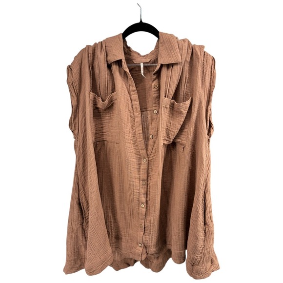Free People Oversized Gauze Button Down Tunic Shirt Boho Earth Tone - Picture 2 of 5